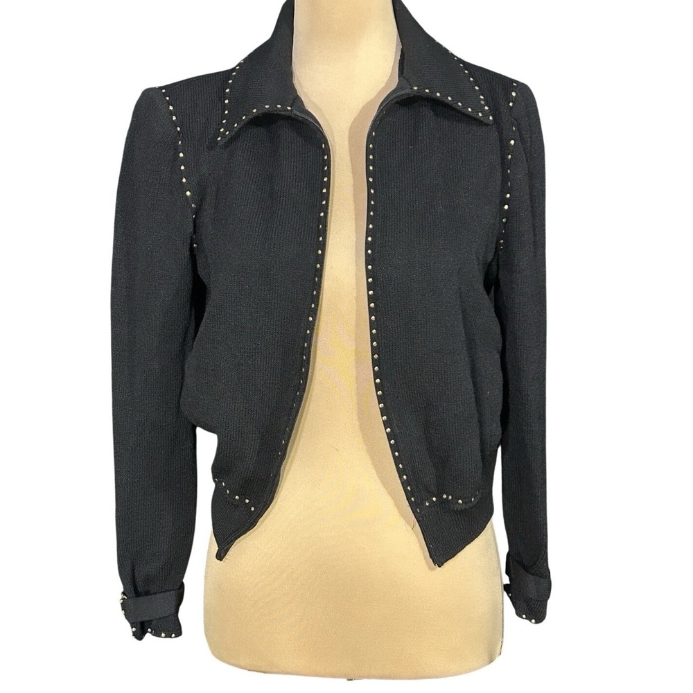 St John Collection Marie Gray Womens Knit Jacket Black Studded 6 Zipper Broken